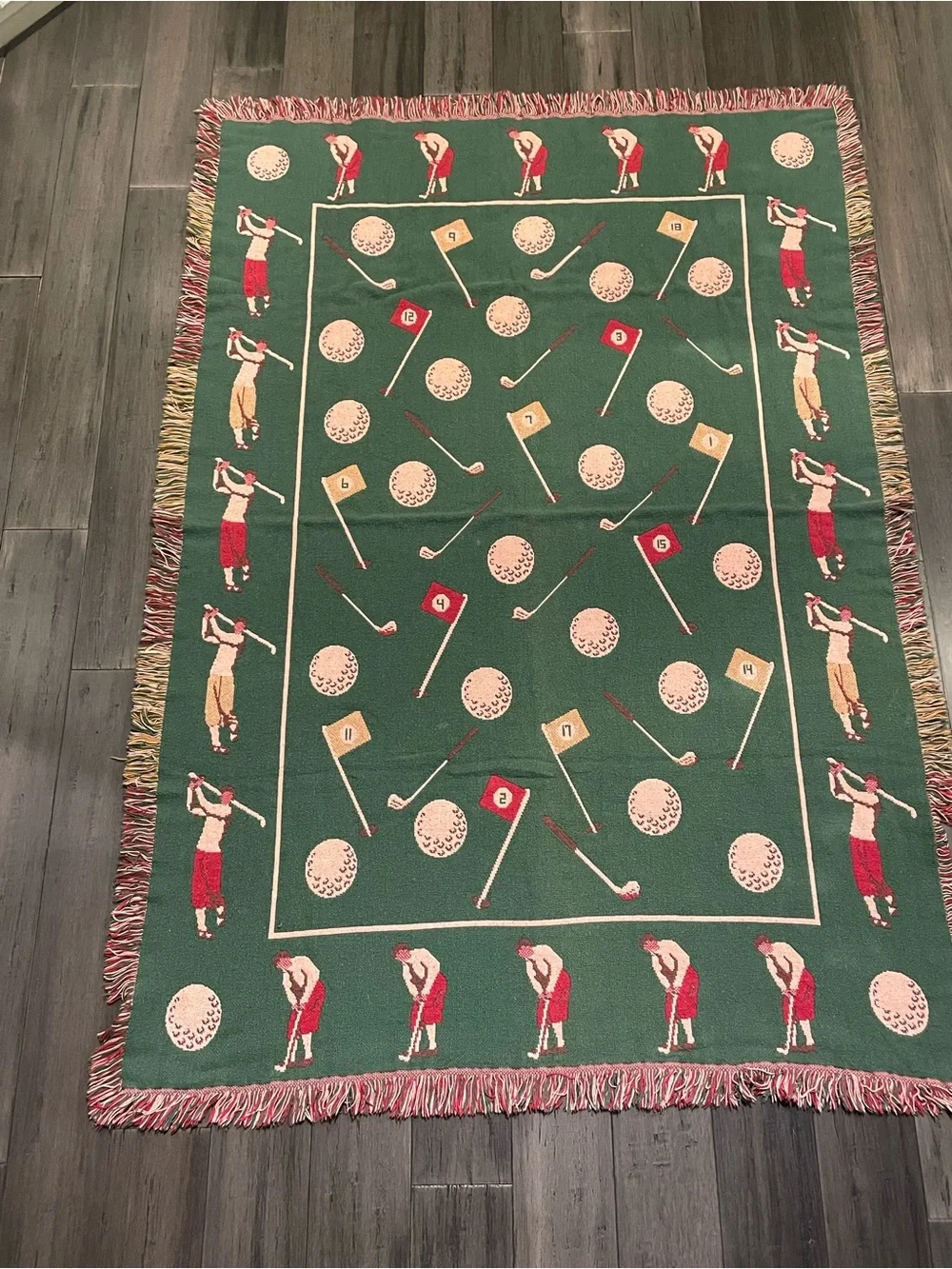 Vintage Golf Woven Throw Blanket Afghan Fringe Golf Ball Club Flag Golfer 70x40